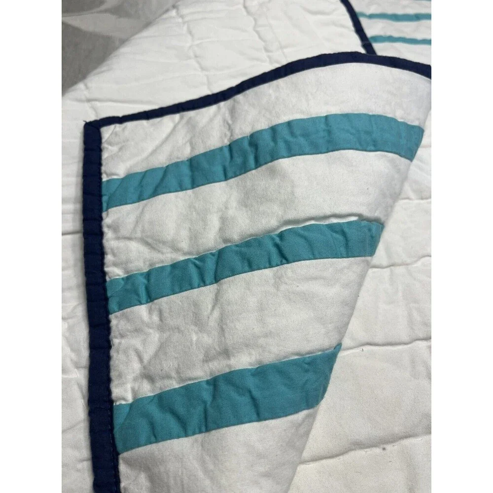 Pottery Barn Kids Hamptons Whale White Teal Baby Blue Toddler Crib Quilt 36x50”